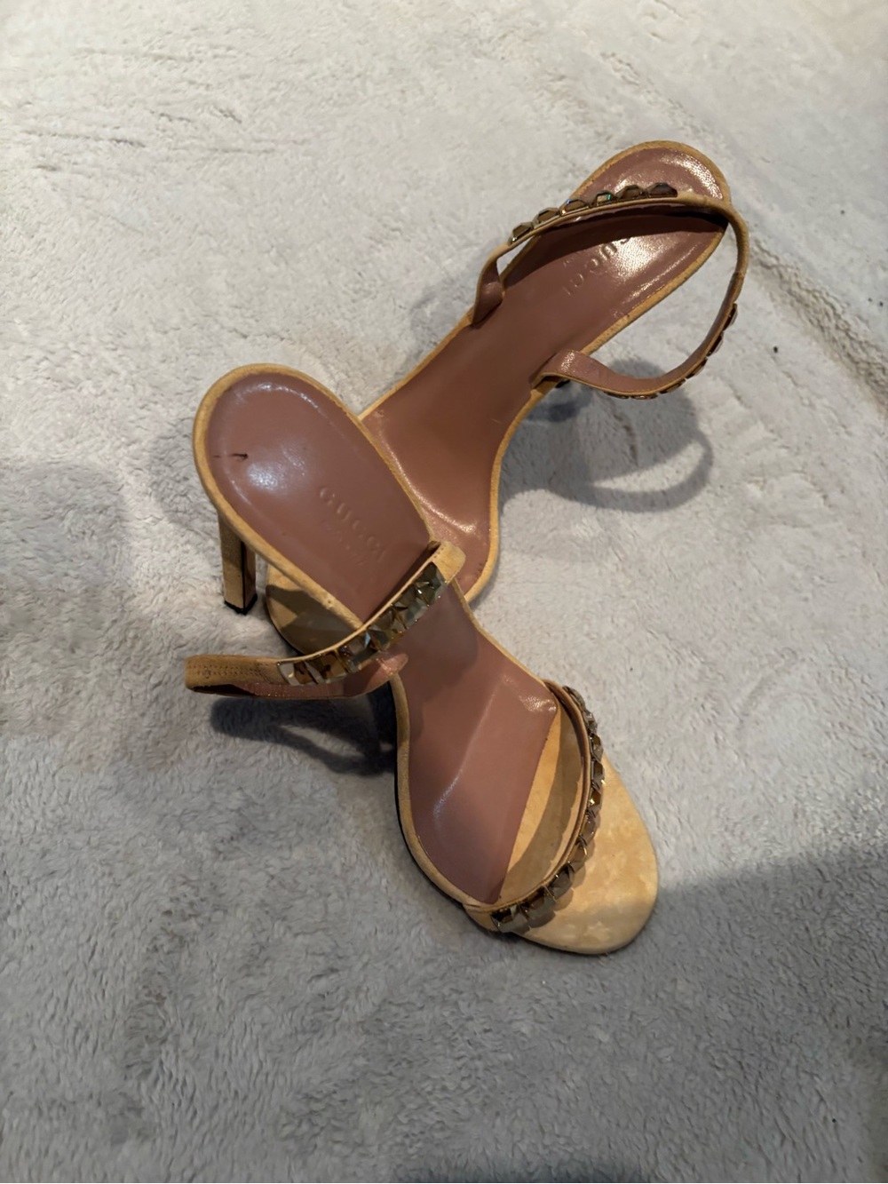 Gucci Beige and Brown Leather Studded Ankle-Strap Heels